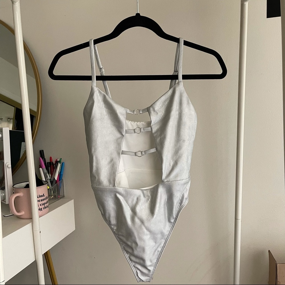 Silver Reflective One Piece Ribbed Swimsuit Small